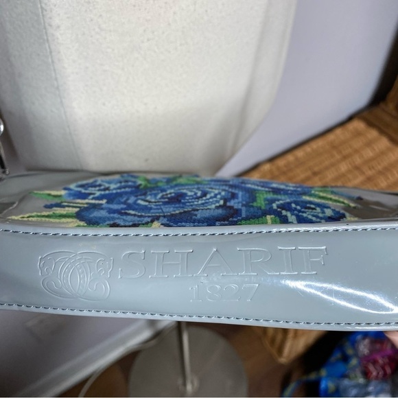 Sharif Patent Leather Gray Blue Embroidered Flower Crossbody Purse - Picture 4 of 9